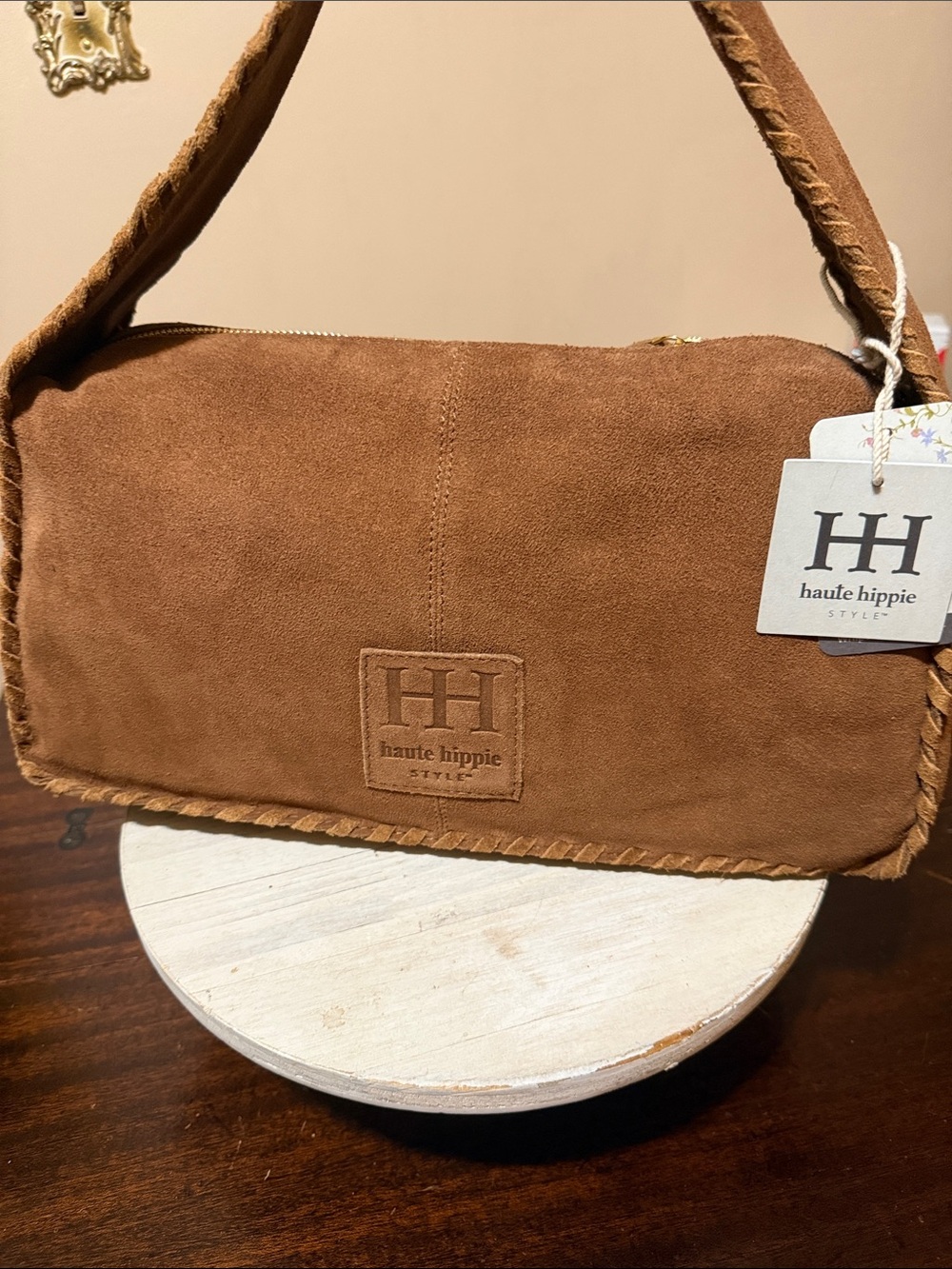 Haute Hippie NWT Brown Suede Hobo Bag Boho Braided Shoulder Whipstitch Festival - Picture 6 of 15
